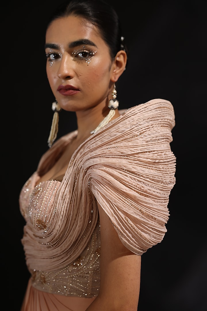 Peach Imported Satin Embroidered Pre-Draped Wedding Gown Saree by CP by Chandini and Priyanka at Pernia's Pop Up Shop
