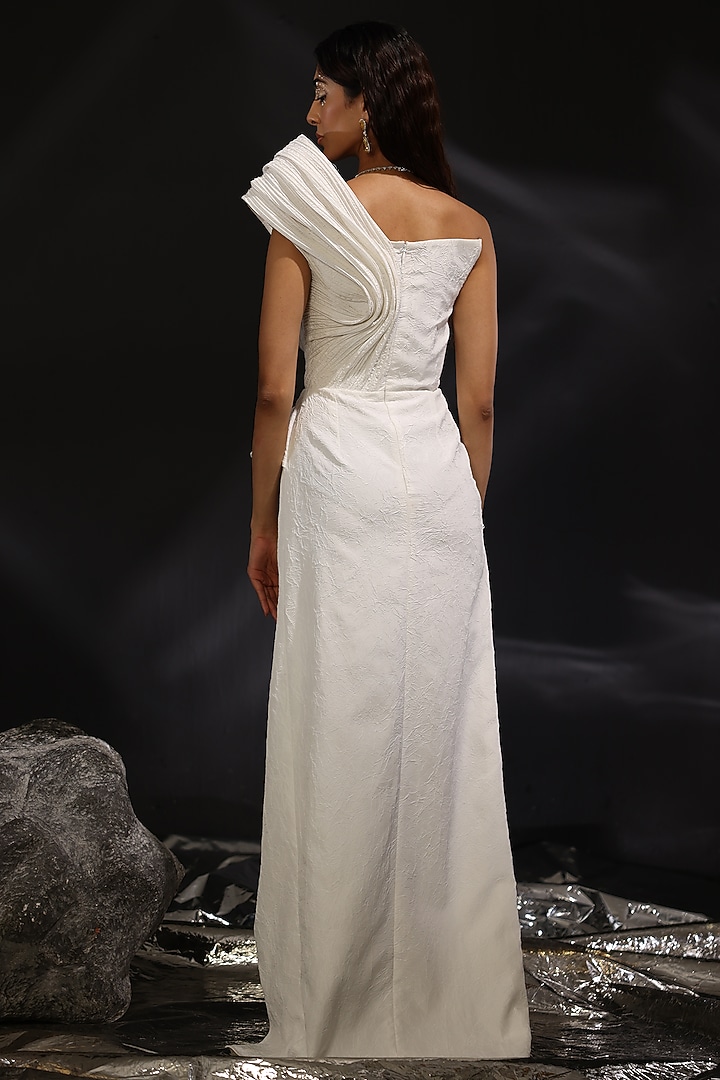Ivory Rayon Viscose One-Shoulder Engagement Gown by CP by Chandini and Priyanka at Pernia's Pop Up Shop