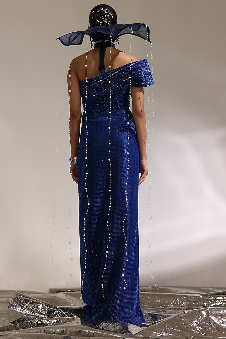 Sapphire Textured Fabric & Nylon Off-Shoulder Engagement Gown by CP by Chandini and Priyanka at Pernia's Pop Up Shop