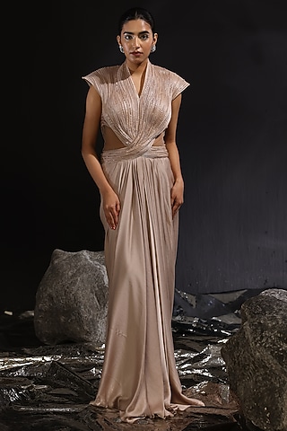 Mocha Imported Satin Embroidered Pre-Draped Gown Saree by CP by Chandini and Priyanka