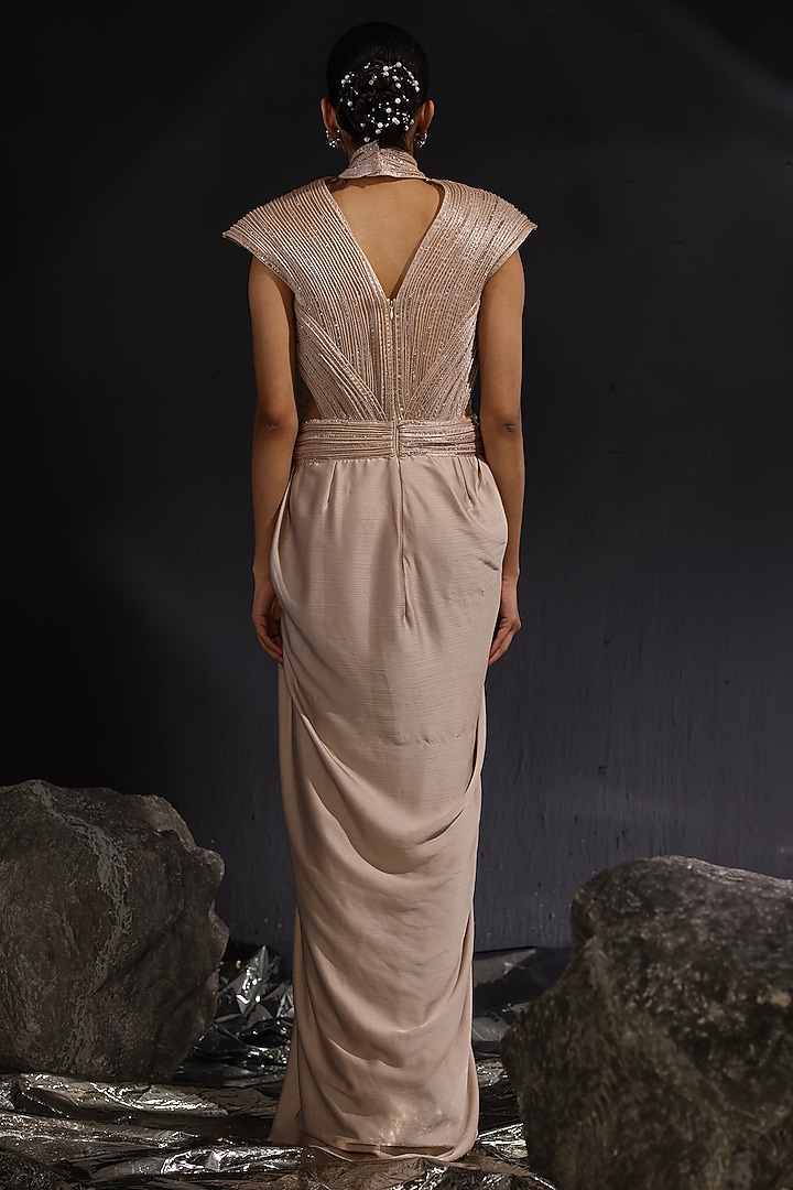 Mocha Imported Satin Embroidered Pre-Draped Wedding Gown Saree by CP by Chandini and Priyanka at Pernia's Pop Up Shop