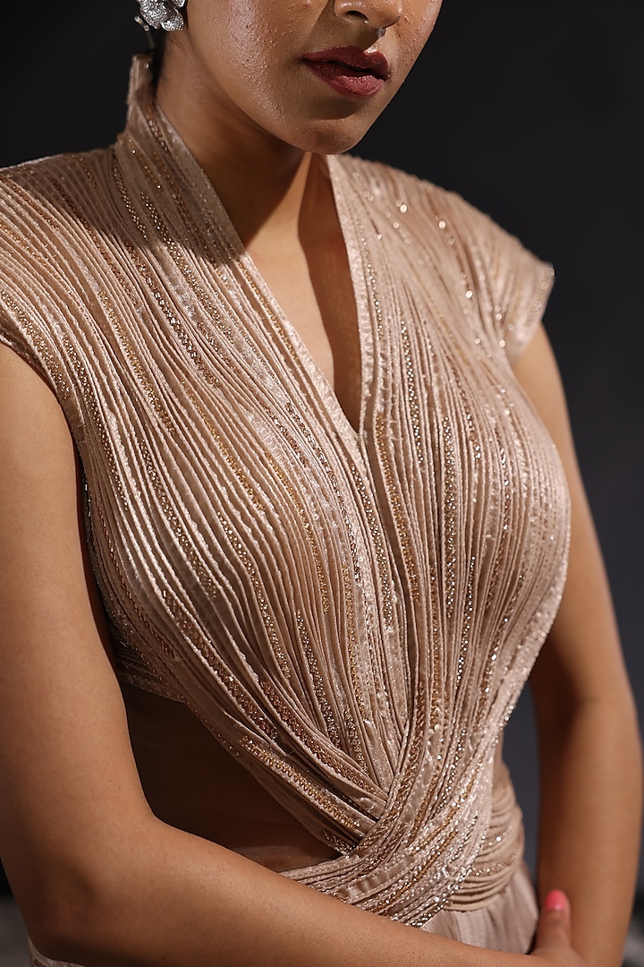 Mocha Imported Satin Embroidered Pre-Draped Wedding Gown Saree by CP by Chandini and Priyanka at Pernia's Pop Up Shop