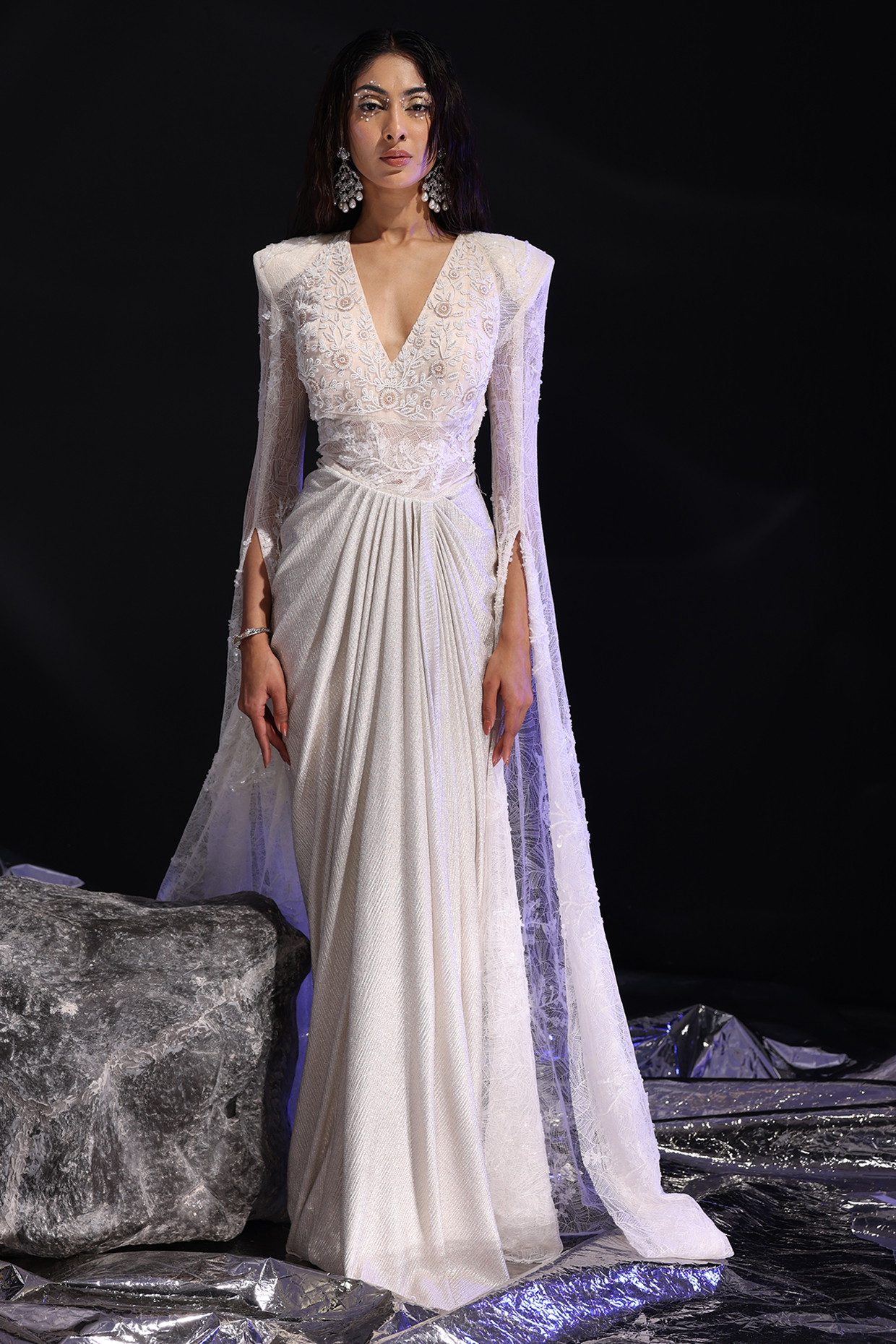 Ivory Imported Chantilly Embroidered Pre-Draped Wedding Gown Saree by CP by Chandini and Priyanka at Pernia's Pop Up Shop