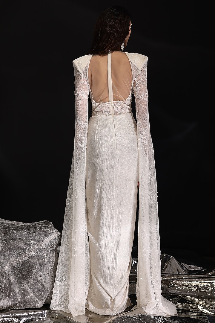Ivory Imported Chantilly Embroidered Pre-Draped Wedding Gown Saree by CP by Chandini and Priyanka at Pernia's Pop Up Shop