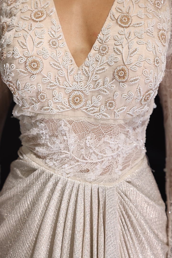 Ivory Imported Chantilly Embroidered Pre-Draped Wedding Gown Saree by CP by Chandini and Priyanka at Pernia's Pop Up Shop