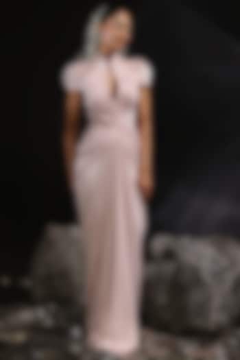 Blush Pink Glazed Organza Embroidered Pre-Draped Gown Wedding Saree by CP by Chandini and Priyanka at Pernia's Pop Up Shop