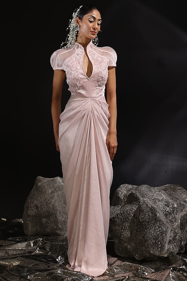 Blush Pink Glazed Organza Embroidered Pre-Draped Gown Wedding Saree by CP by Chandini and Priyanka at Pernia's Pop Up Shop