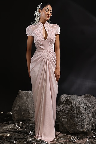 Blush Pink Glazed Organza Embroidered Pre-Draped Gown Saree by CP by Chandini and Priyanka