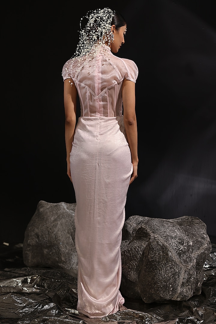 Blush Pink Glazed Organza Embroidered Pre-Draped Gown Wedding Saree by CP by Chandini and Priyanka at Pernia's Pop Up Shop
