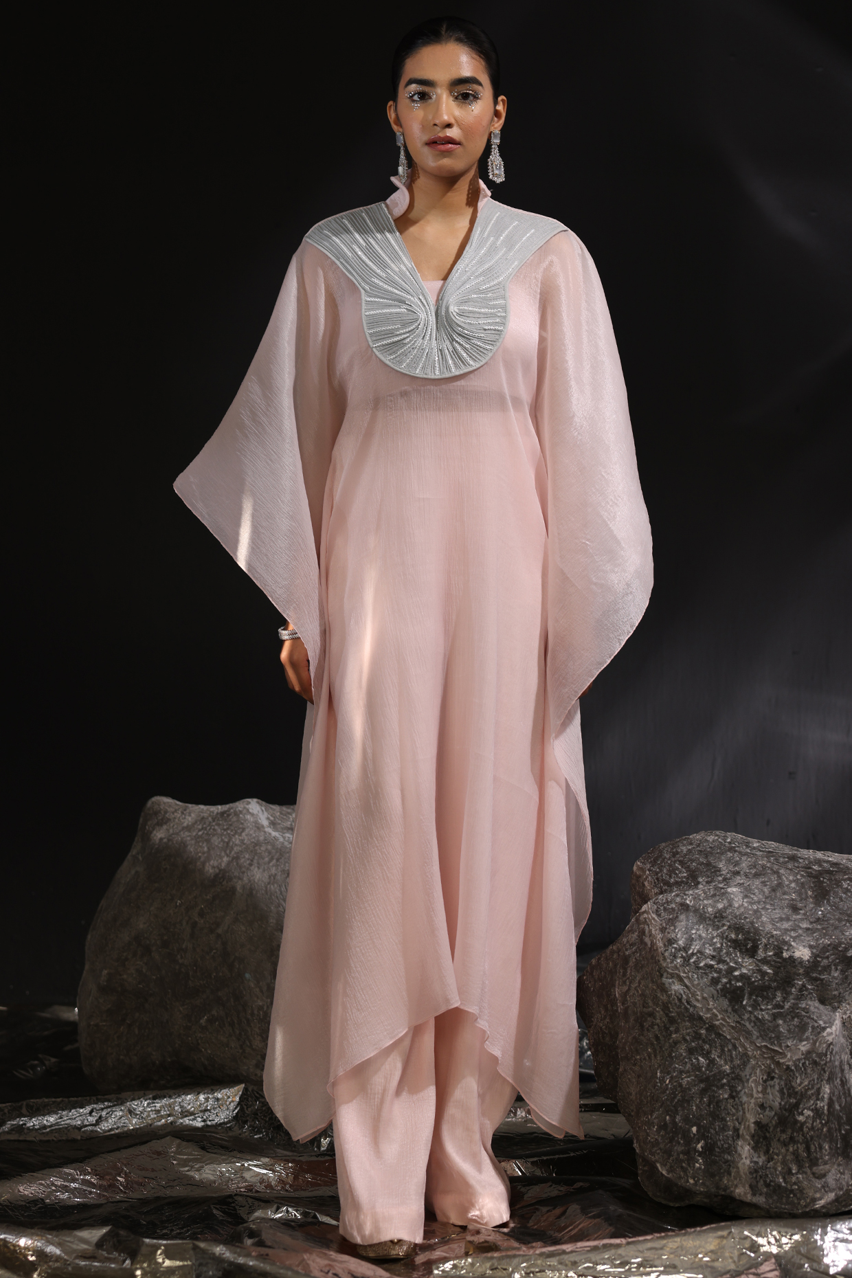 Blush Pink & Ash Grey Chiffon Embroidered Kaftan Set by CP by Chandini and Priyanka at Pernia's Pop Up Shop