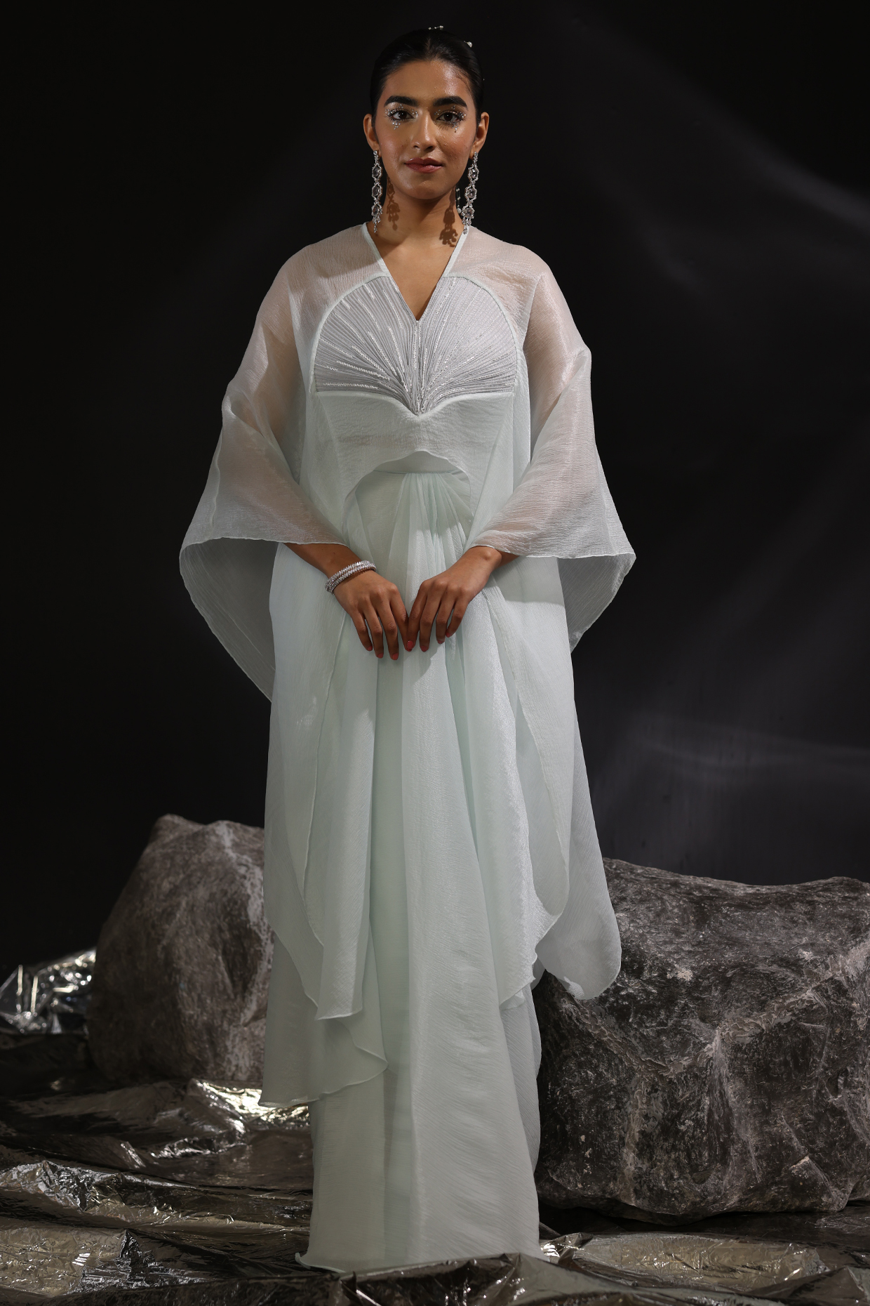 Ice Blue & Ash Grey Chiffon Embroidered Kaftan Set by CP by Chandini and Priyanka at Pernia's Pop Up Shop