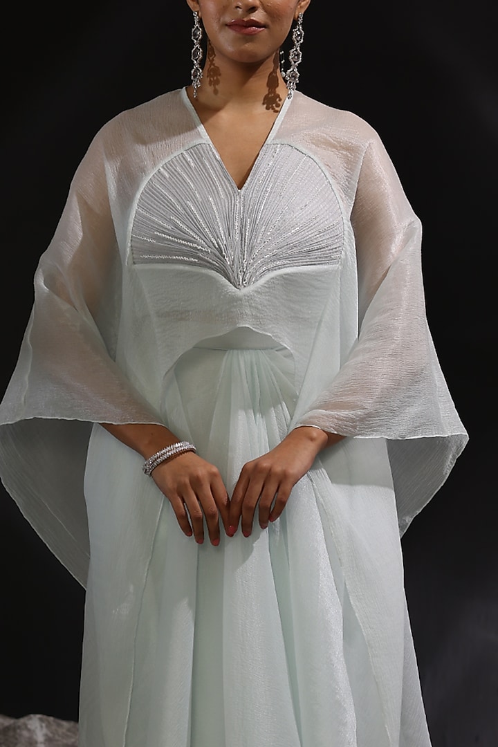 Ice Blue & Ash Grey Chiffon Embroidered Kaftan Set by CP by Chandini and Priyanka at Pernia's Pop Up Shop