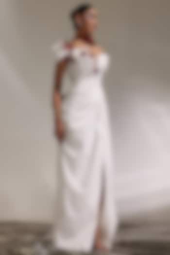 Ivory Rayon Viscose Floral Embellished Off-Shoulder Engagement Gown by CP by Chandini and Priyanka at Pernia's Pop Up Shop