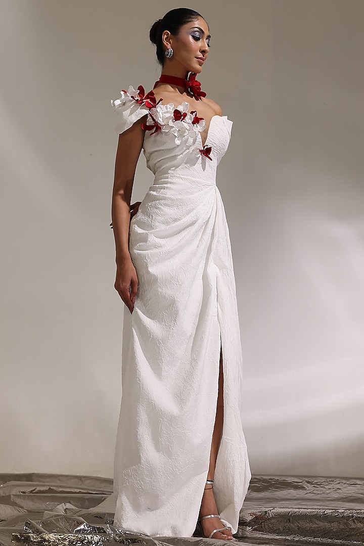 Ivory Rayon Viscose Floral Embellished Off-Shoulder Engagement Gown by CP by Chandini and Priyanka at Pernia's Pop Up Shop