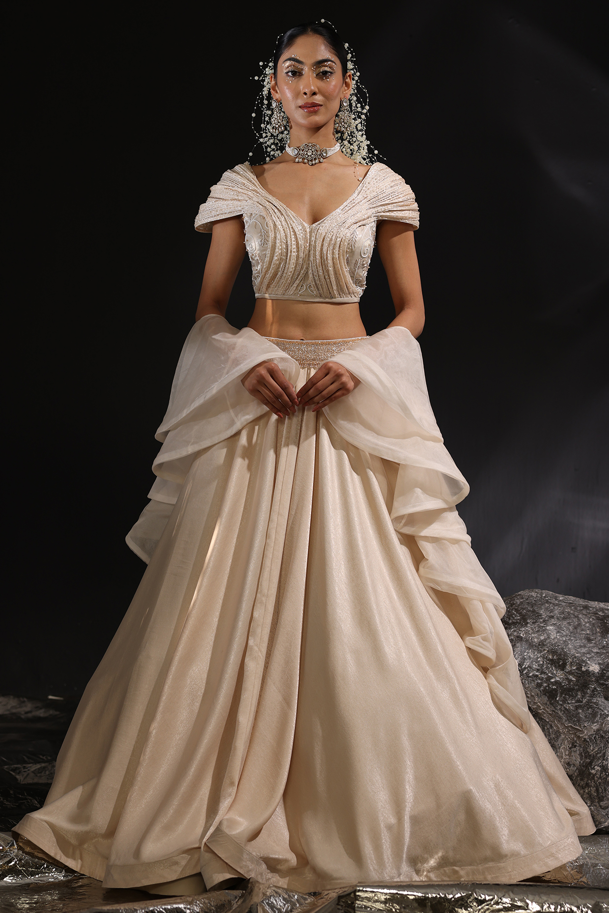 Taupe Colored Imported Satin Ruffled Wedding Lehenga Set by CP by Chandini and Priyanka at Pernia's Pop Up Shop