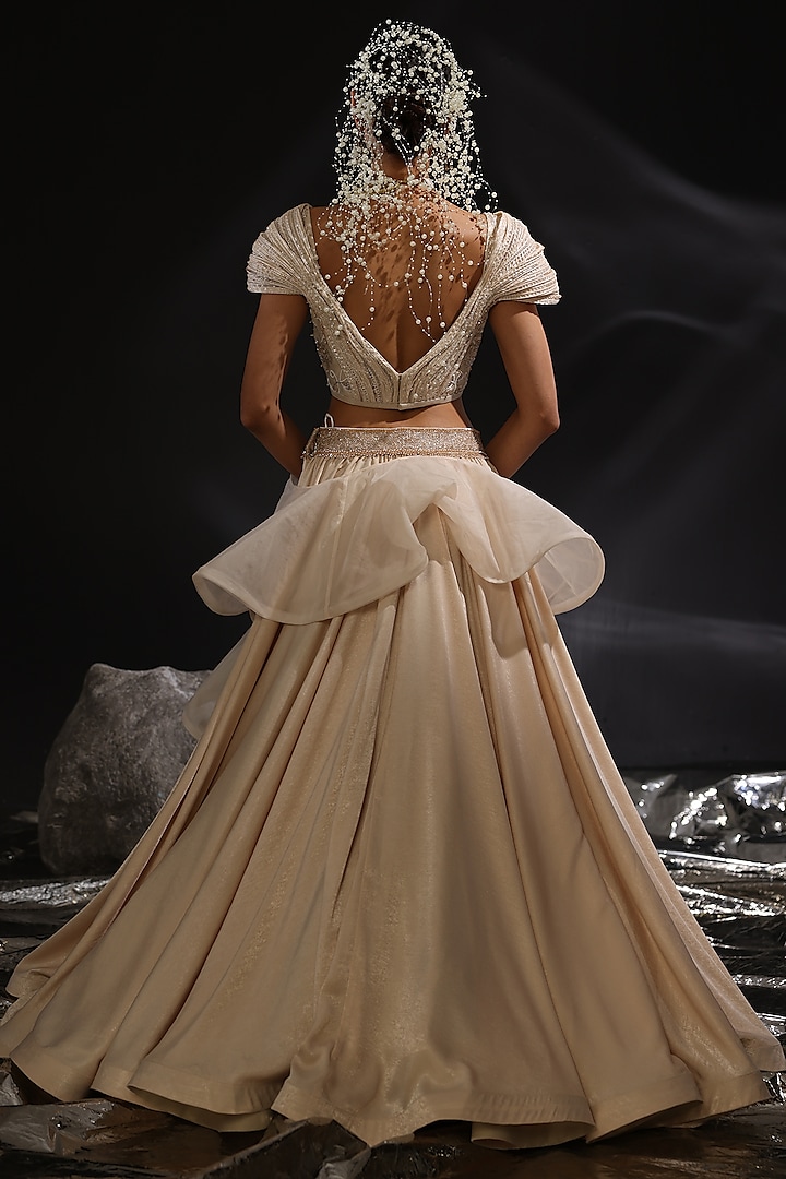 Taupe Colored Imported Satin Ruffled Wedding Lehenga Set by CP by Chandini and Priyanka at Pernia's Pop Up Shop