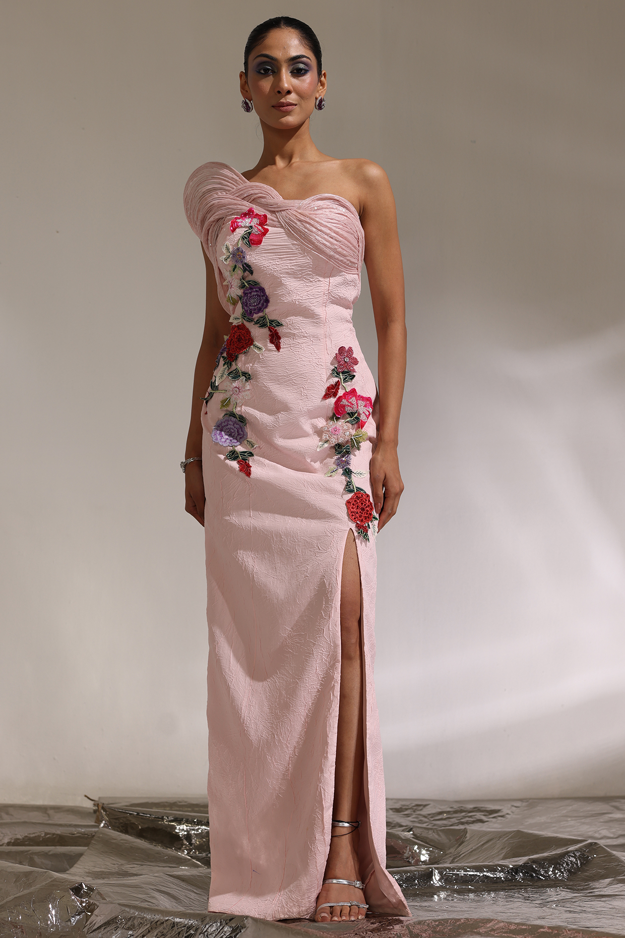 Blush Pink Rayon Viscose Embellished Off-Shoulder Engagement Gown by CP by Chandini and Priyanka at Pernia's Pop Up Shop