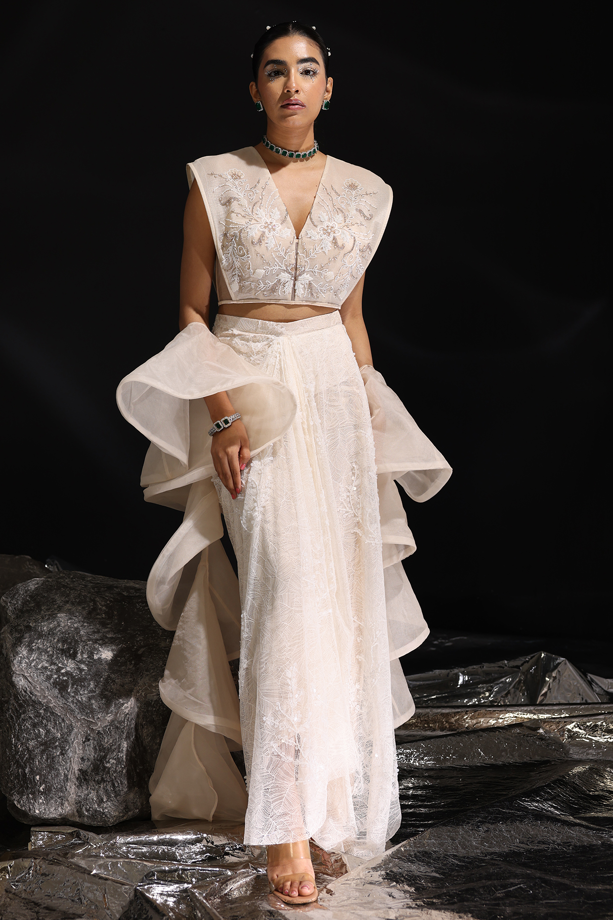 Ivory Chiffon Organza & Imported Chantilly Draped Skirt Set by CP by Chandini and Priyanka at Pernia's Pop Up Shop
