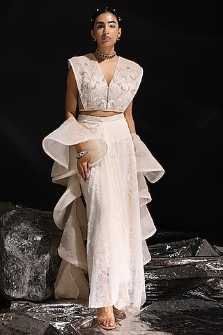 Ivory Chiffon Organza & Imported Chantilly Draped Skirt Set by CP by Chandini and Priyanka