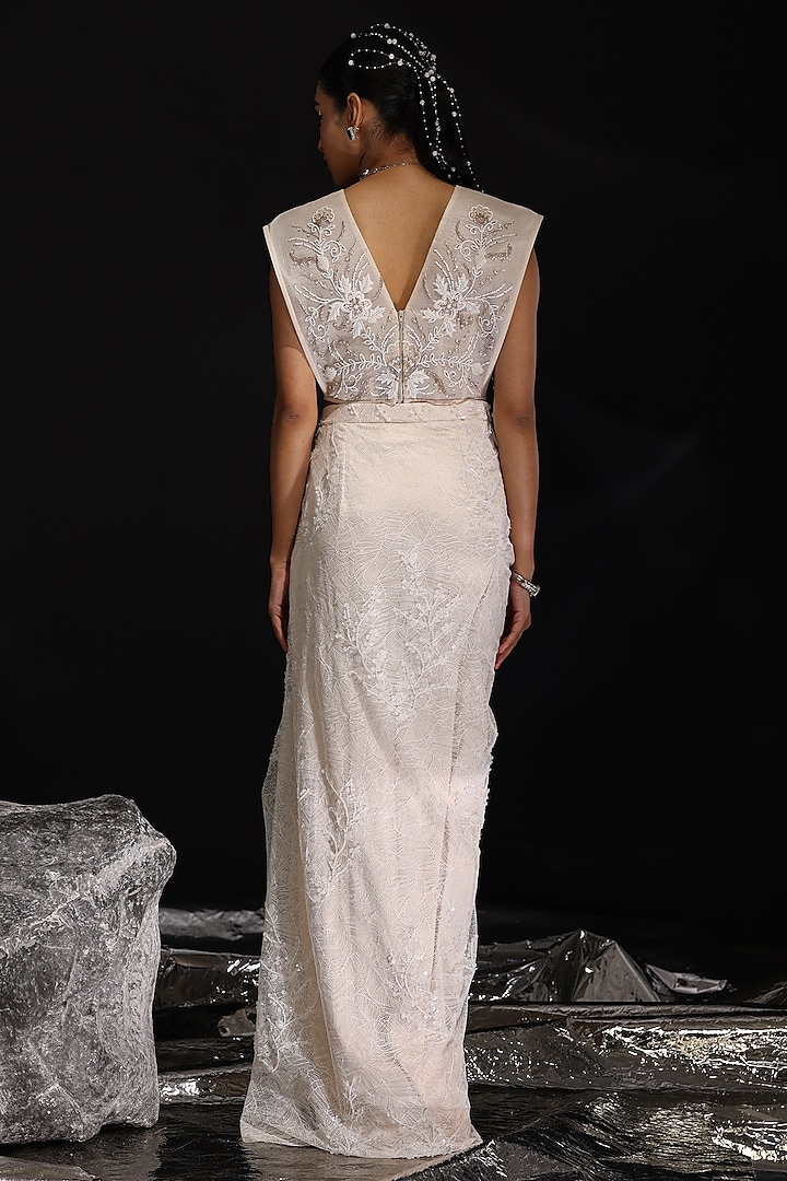 Ivory Chiffon Organza & Imported Chantilly Draped Skirt Set by CP by Chandini and Priyanka at Pernia's Pop Up Shop