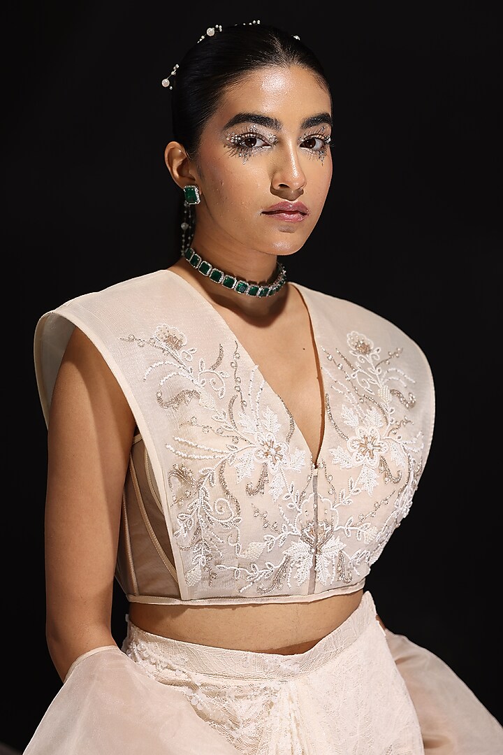 Ivory Chiffon Organza & Imported Chantilly Draped Skirt Set by CP by Chandini and Priyanka at Pernia's Pop Up Shop
