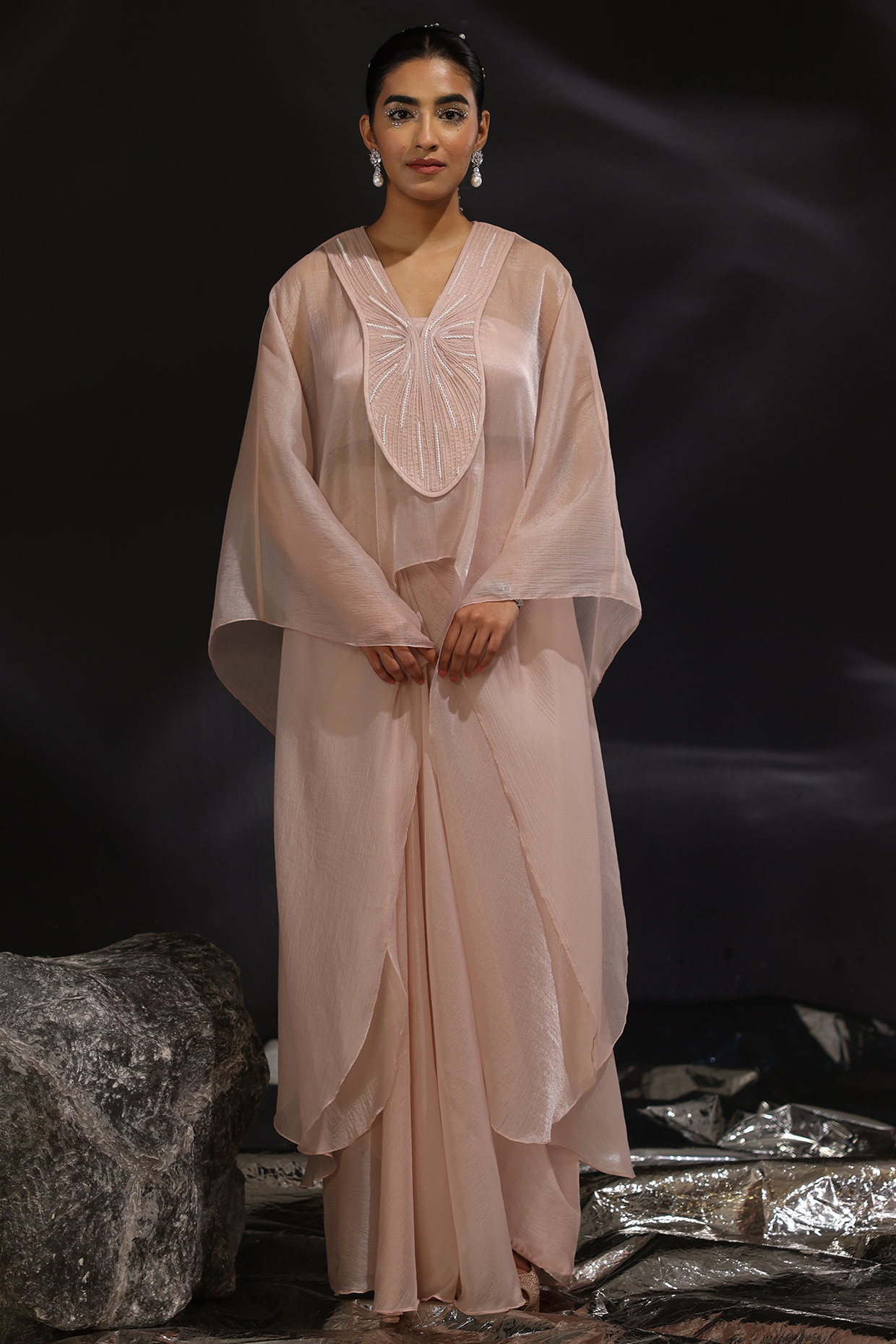 Mouse Pink Chiffon & Rayon Embroidered Kaftan Set by CP by Chandini and Priyanka at Pernia's Pop Up Shop