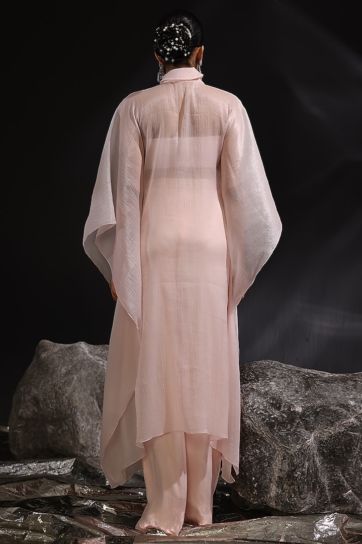 Mouse Pink Chiffon & Rayon Embroidered Kaftan Set by CP by Chandini and Priyanka at Pernia's Pop Up Shop