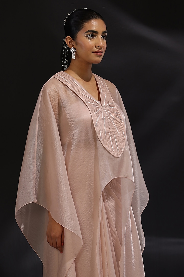 Mouse Pink Chiffon & Rayon Embroidered Kaftan Set by CP by Chandini and Priyanka at Pernia's Pop Up Shop