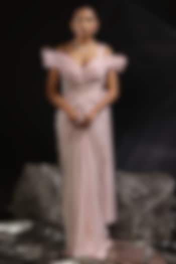 Blush Pink Glazed Organza Corset Pre-Draped Wedding Gown Saree by CP by Chandini and Priyanka at Pernia's Pop Up Shop
