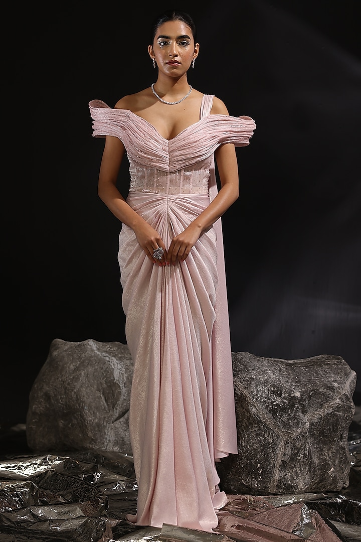 Blush Pink Glazed Organza Corset Pre-Draped Wedding Gown Saree by CP by Chandini and Priyanka at Pernia's Pop Up Shop
