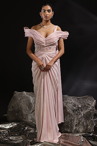 Blush Pink Glazed Organza Corset Pre-Draped Gown Saree by CP by Chandini and Priyanka