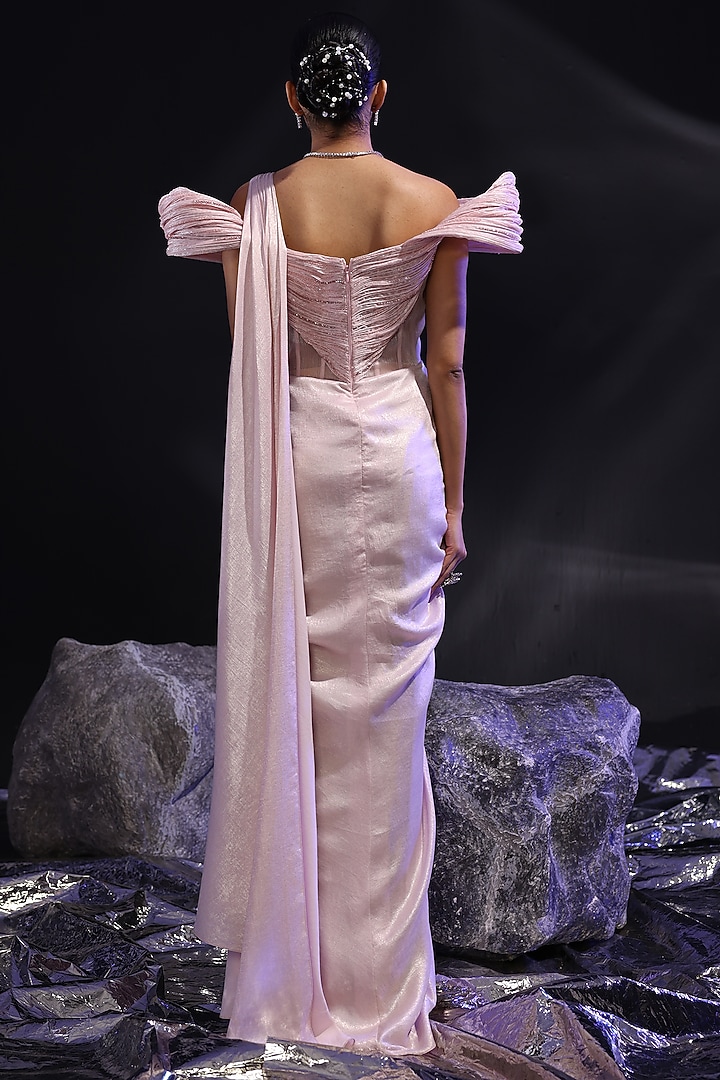 Blush Pink Glazed Organza Corset Pre-Draped Wedding Gown Saree by CP by Chandini and Priyanka at Pernia's Pop Up Shop