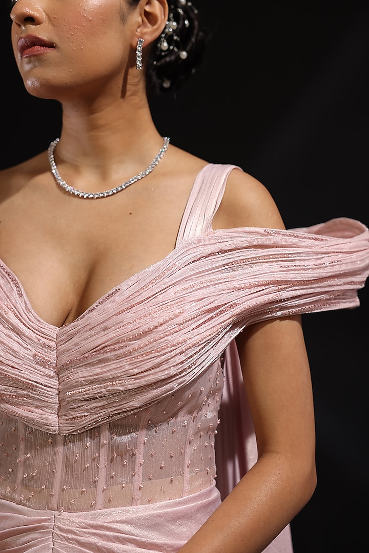 Blush Pink Glazed Organza Corset Pre-Draped Wedding Gown Saree by CP by Chandini and Priyanka at Pernia's Pop Up Shop