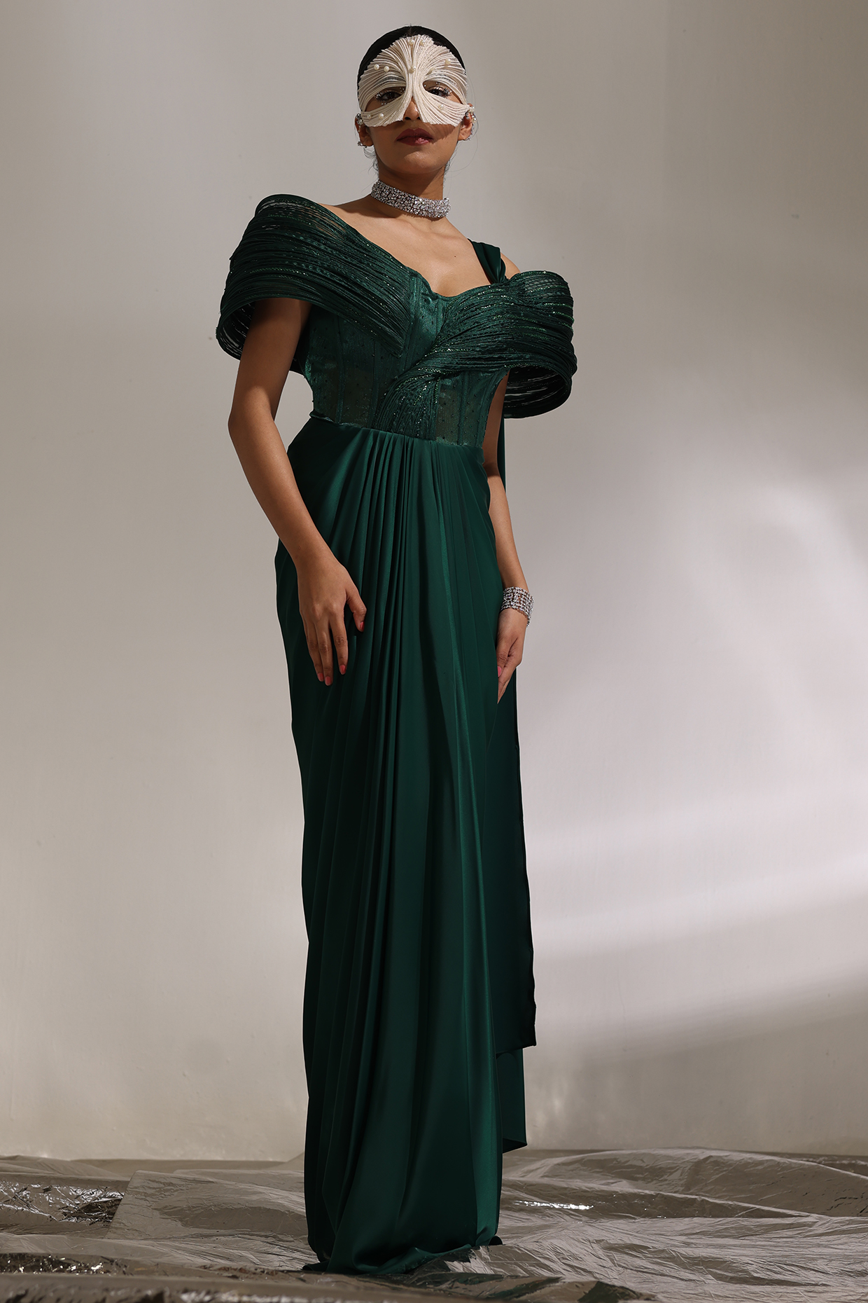 Forest Green Glazed Organza Pre-Draped Wedding Gown Saree by CP by Chandini and Priyanka at Pernia's Pop Up Shop