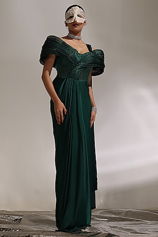 Forest Green Glazed Organza Pre-Draped Gown Saree by CP by Chandini and Priyanka
