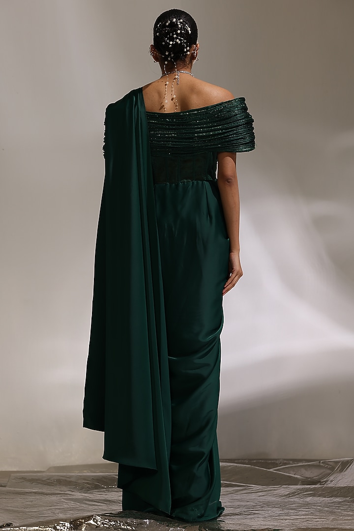 Forest Green Glazed Organza Pre-Draped Wedding Gown Saree by CP by Chandini and Priyanka at Pernia's Pop Up Shop