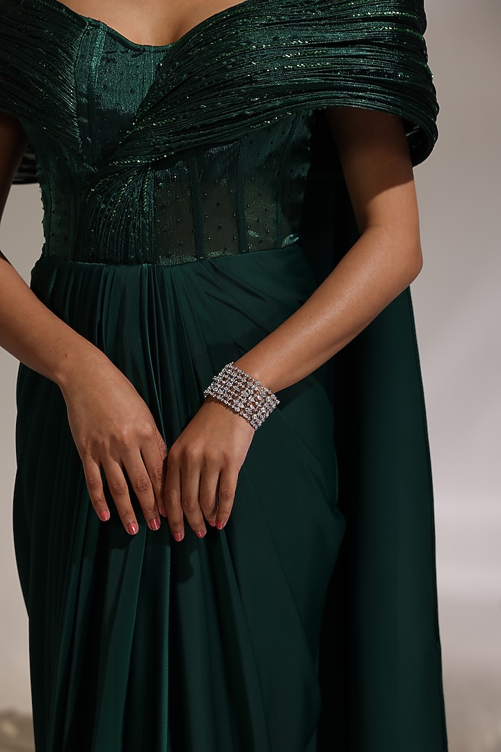Forest Green Glazed Organza Pre-Draped Wedding Gown Saree by CP by Chandini and Priyanka at Pernia's Pop Up Shop