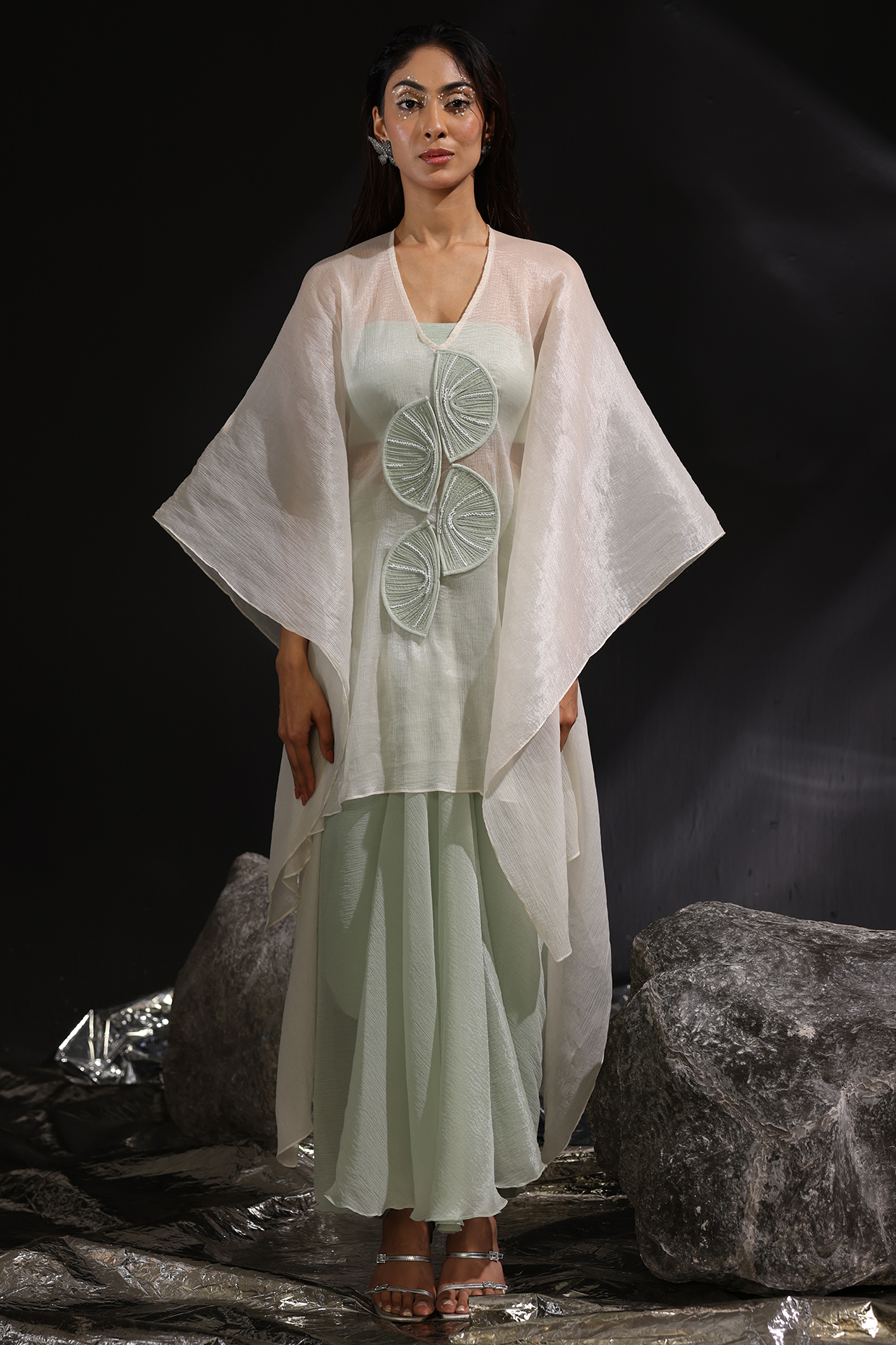 Moss Green & Ivory Chiffon Embroidered Kaftan Set by CP by Chandini and Priyanka at Pernia's Pop Up Shop