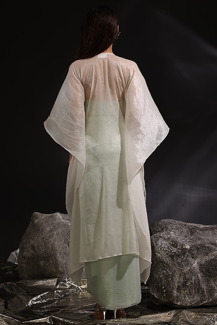 Moss Green & Ivory Chiffon Embroidered Kaftan Set by CP by Chandini and Priyanka at Pernia's Pop Up Shop