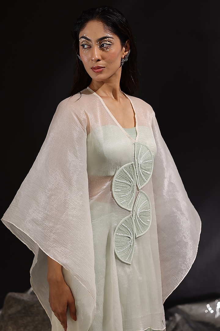 Moss Green & Ivory Chiffon Embroidered Kaftan Set by CP by Chandini and Priyanka at Pernia's Pop Up Shop