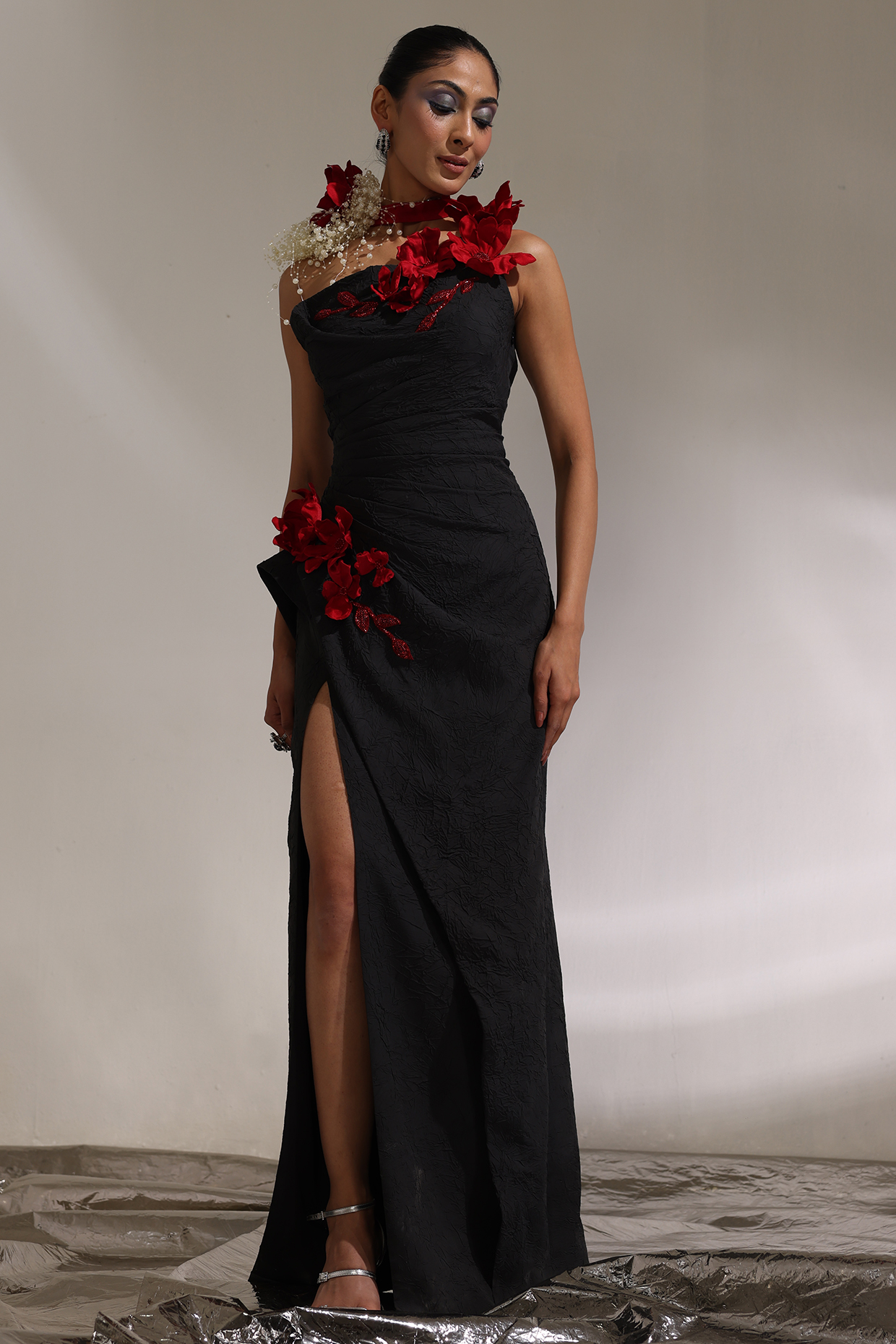 Charcoal Black Rayon Viscose 3D Floral Embellished Engagement Gown by CP by Chandini and Priyanka at Pernia's Pop Up Shop