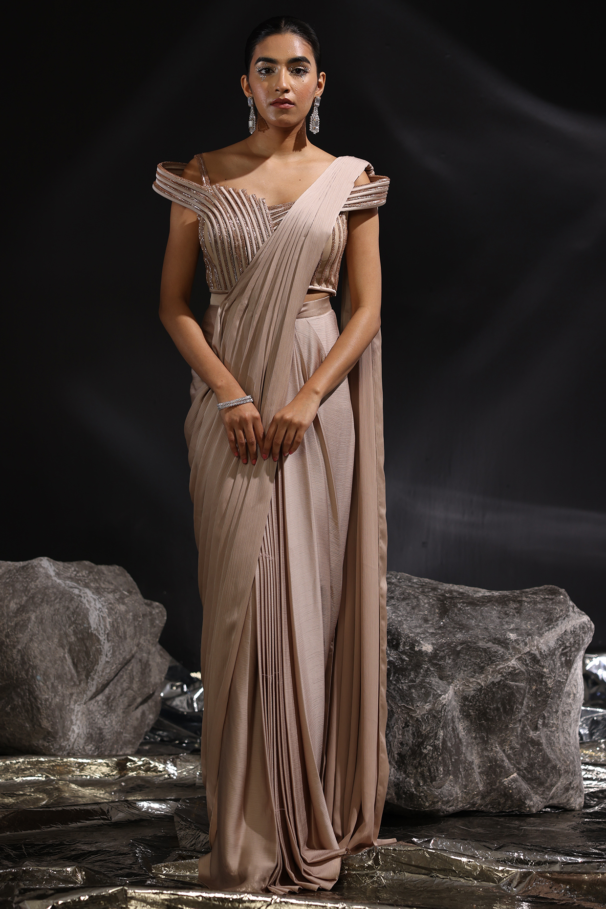 Mocha Colored Imported Satin Pre-Draped Wedding Saree Set by CP by Chandini and Priyanka at Pernia's Pop Up Shop