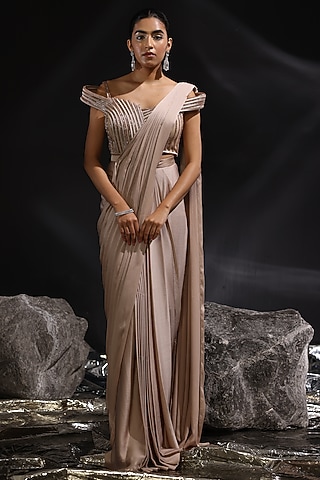 Mocha Colored Imported Satin Pre-Draped Saree Set by CP by Chandini and Priyanka