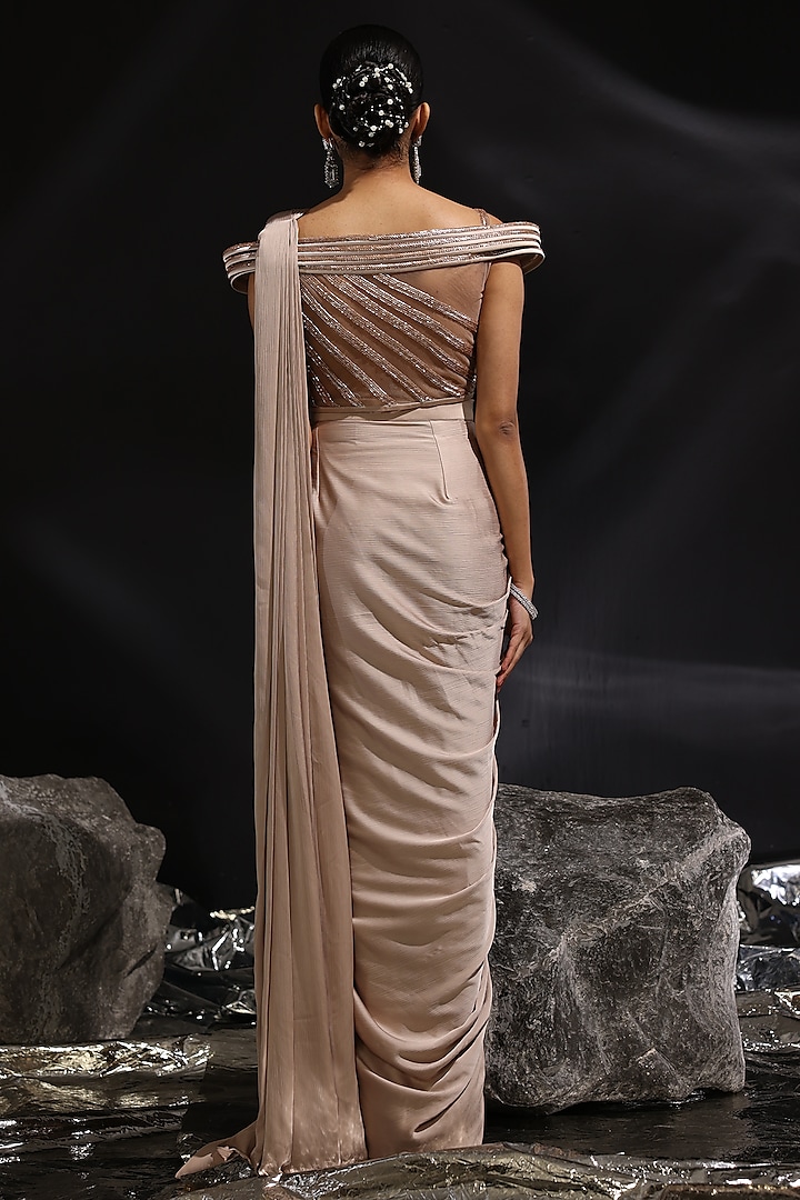 Mocha Colored Imported Satin Pre-Draped Wedding Saree Set by CP by Chandini and Priyanka at Pernia's Pop Up Shop