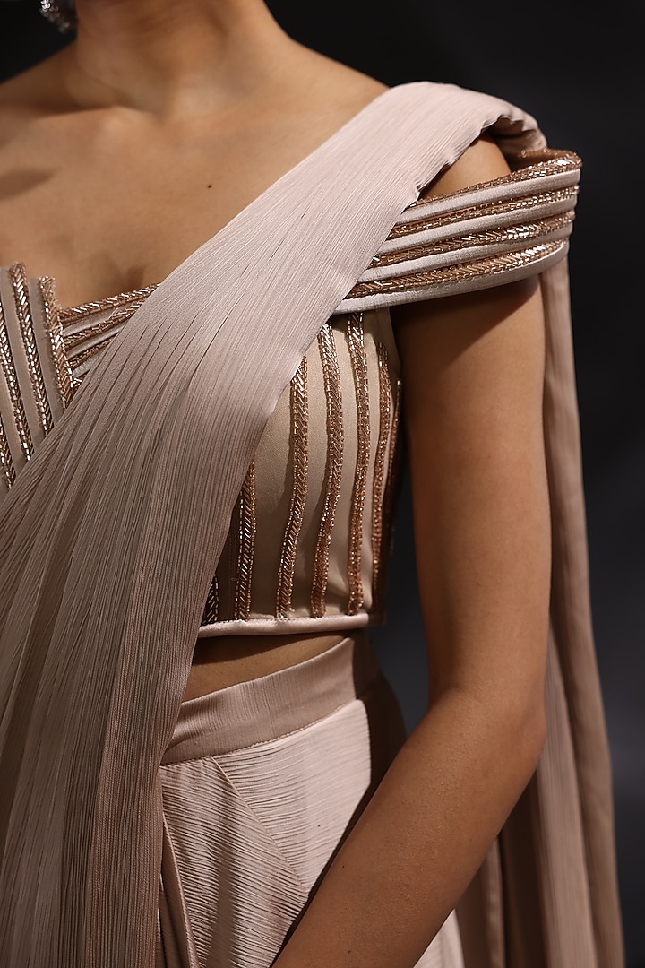 Mocha Colored Imported Satin Pre-Draped Wedding Saree Set by CP by Chandini and Priyanka at Pernia's Pop Up Shop