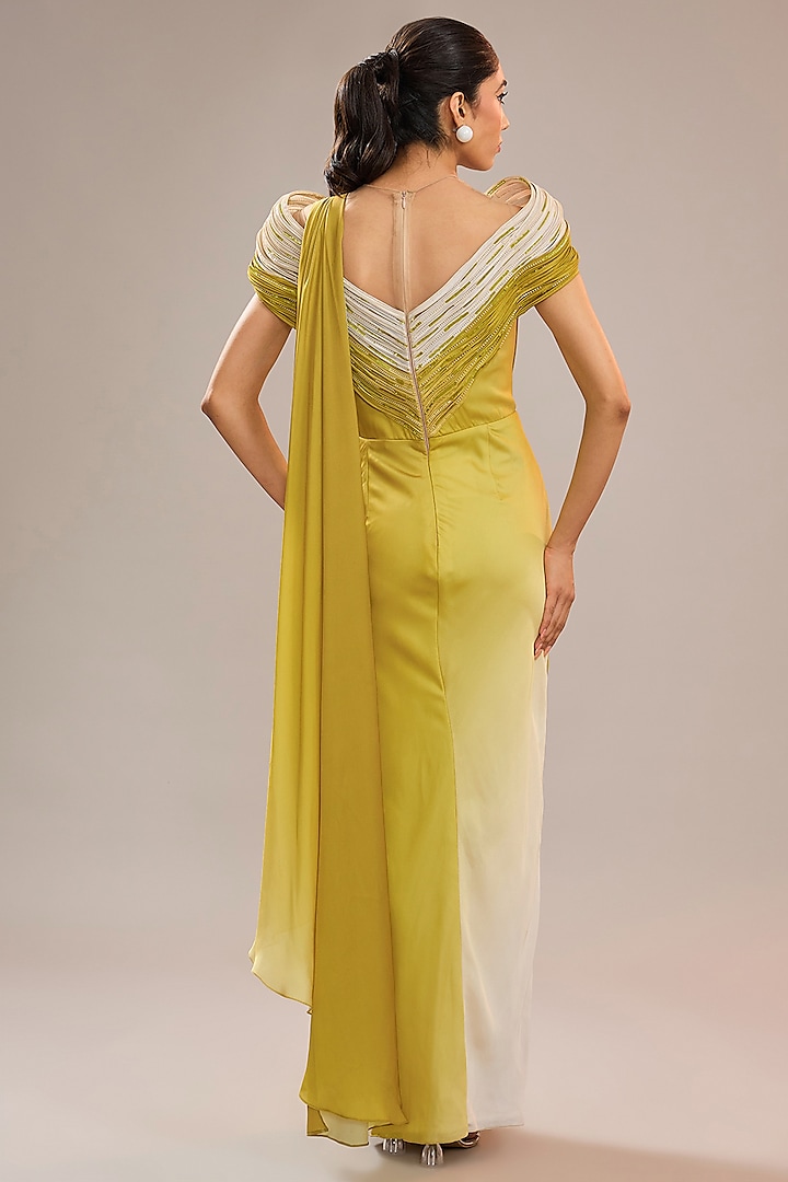 Yellow Imported Satin Embroidered Ombre Draped Sculpted Wedding Saree by CP by Chandini and Priyanka at Pernia's Pop Up Shop