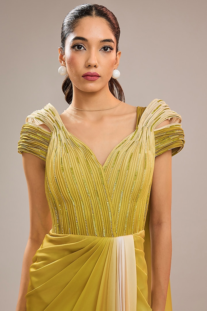 Yellow Imported Satin Embroidered Ombre Draped Sculpted Wedding Saree by CP by Chandini and Priyanka at Pernia's Pop Up Shop