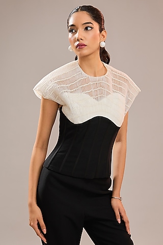 Black Imported Crepe & Crushed Organza Corset Top by CP by Chandini and Priyanka
