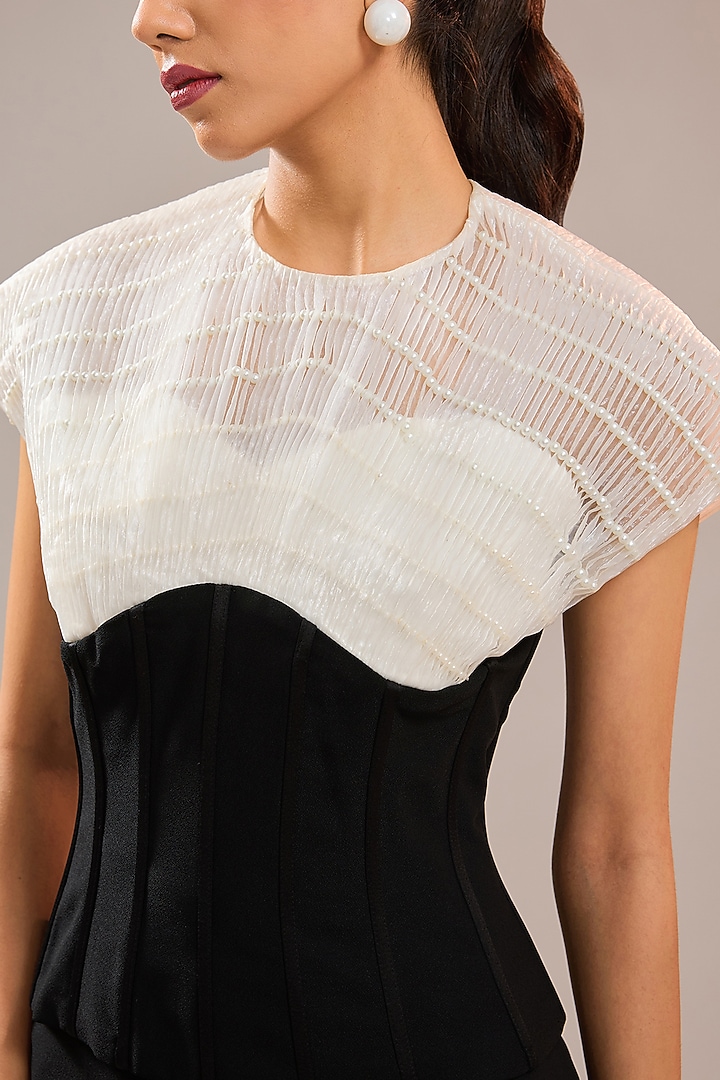 Black Imported Crepe & Crushed Organza Corset Top by CP by Chandini and Priyanka at Pernia's Pop Up Shop