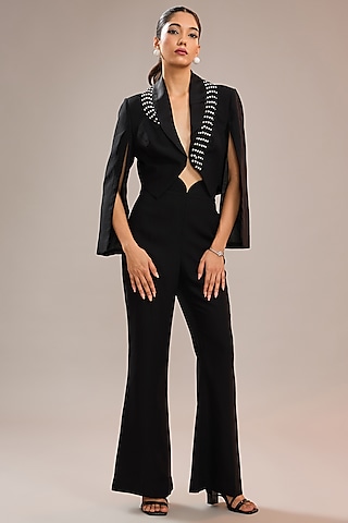Black Imported Crepe Crop Jacket by CP by Chandini and Priyanka